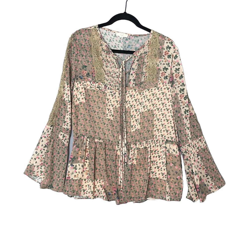 Easel Patchwork Sheer Oversized Peplum Tunic Shir… - image 1